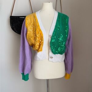 BiBi Sequin Mardi Gras Rainbow Cardigan, Size XL